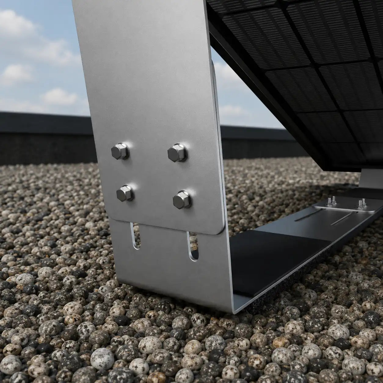 Detailansicht der verstellbaren Halterung für Flachdach-PV-Anlagen.