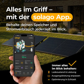 solago-App zur Steuerung des Solarspeichers – Ladezustand und Leistung jederzeit im Blick. Speicher und Stromverbrauch bequem per Smartphone überwachen, Ausgangsleistung anpassen und KI-optimierten Verbrauch nutzen.