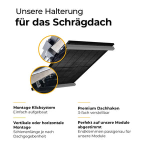 Solago Halterung für Balkonkraftwerk auf Schrägdach – Klicksystem, Premium-Dachhaken 3-fach verstellbar, vertikal und horizontal montierbar