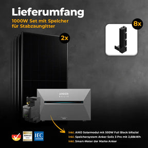 Balkonkraftwerk 1000W/800W mit Speicher Anker SOLIX 3 Pro - Komplettset Stabgitterzaun