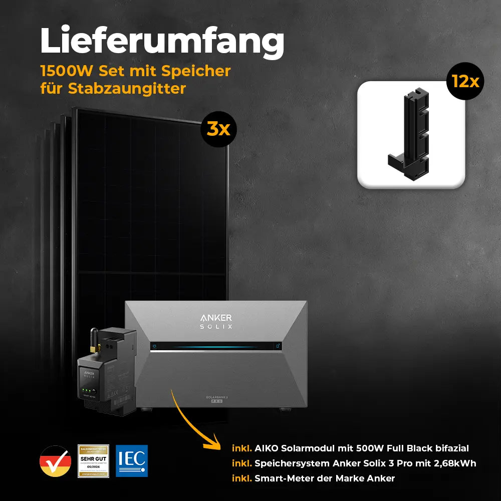Balkonkraftwerk 1500W mit Speicher Anker SOLIX 3 Pro – Komplettset Stabgitterzaun