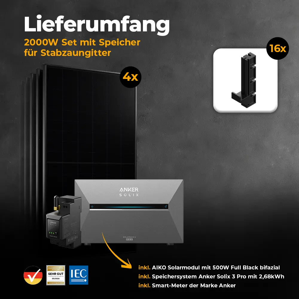 Balkonkraftwerk mit Anker SOLIX Solarbank 3 Pro 2000W Glas-Glas bifazial - Komplettset Stabgitterzaun