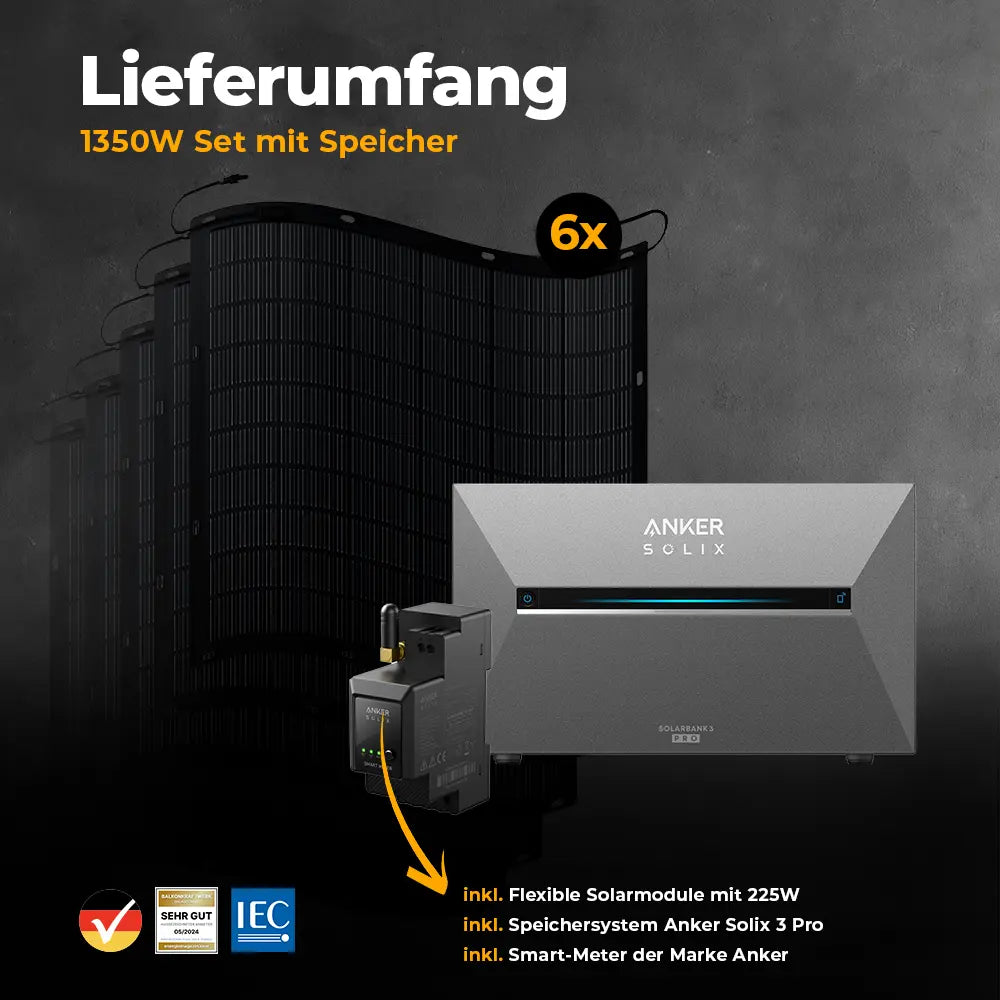 Produktbild Lieferumfang - Balkonkraftwerk 1350W Flexmodul mit Speicher Anker SOLIX 3 Pro - Komplettset