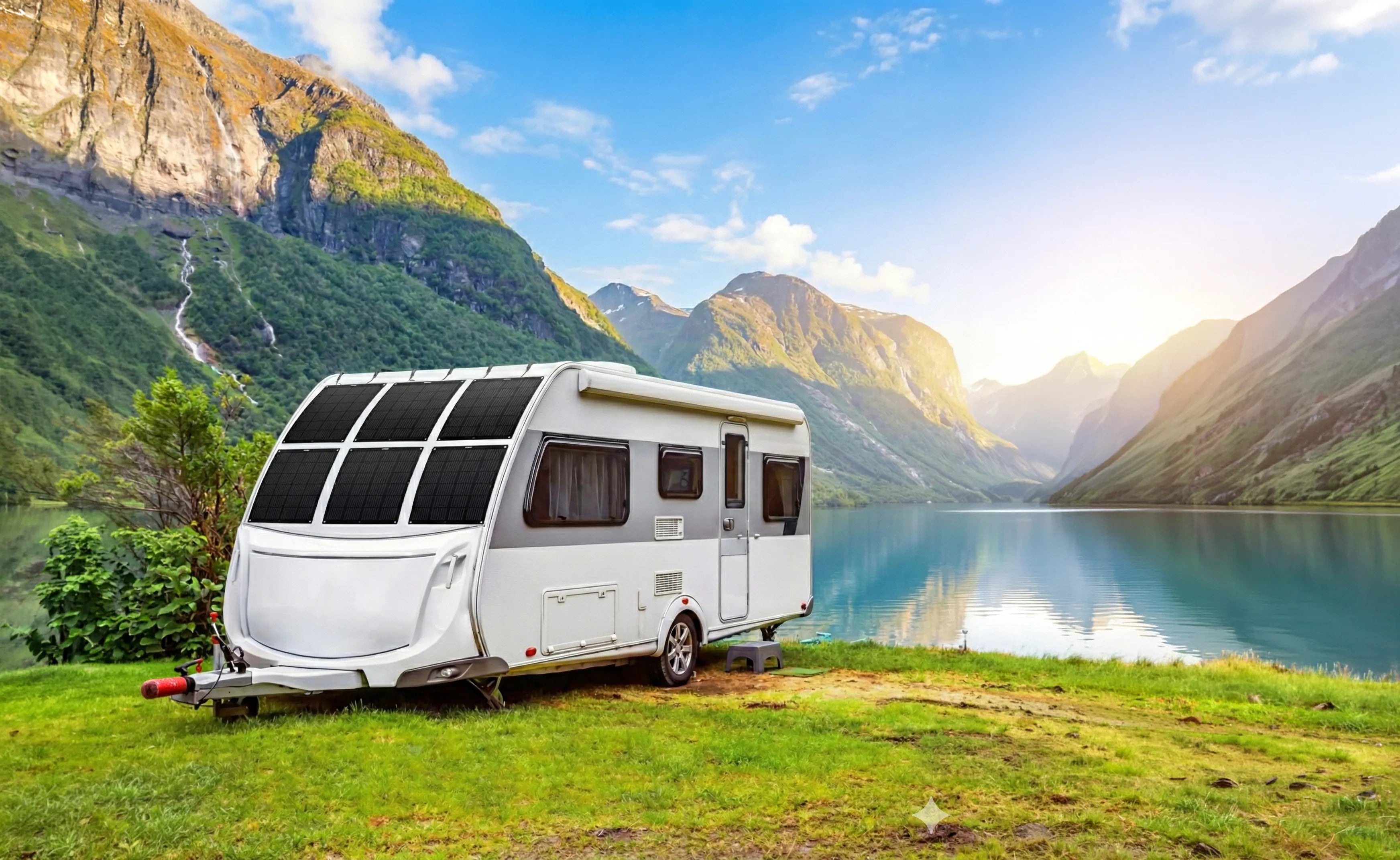 Balkonkraftwerk mit flexiblen Solarmodulen auf Wohnwagen-Dach – Camping am See in den Bergen