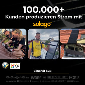 Solago Balkonkraftwerk Community mit Kundenfotos, Solarmodulen und Hinweis auf über 100.000 Kunden.