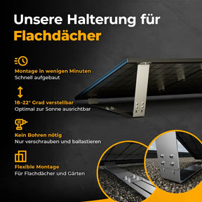 Balkonkraftwerk Halterung für Flachdach und Garten mit verstellbarem Neigungswinkel und ballastierter Montage ohne Bohren.