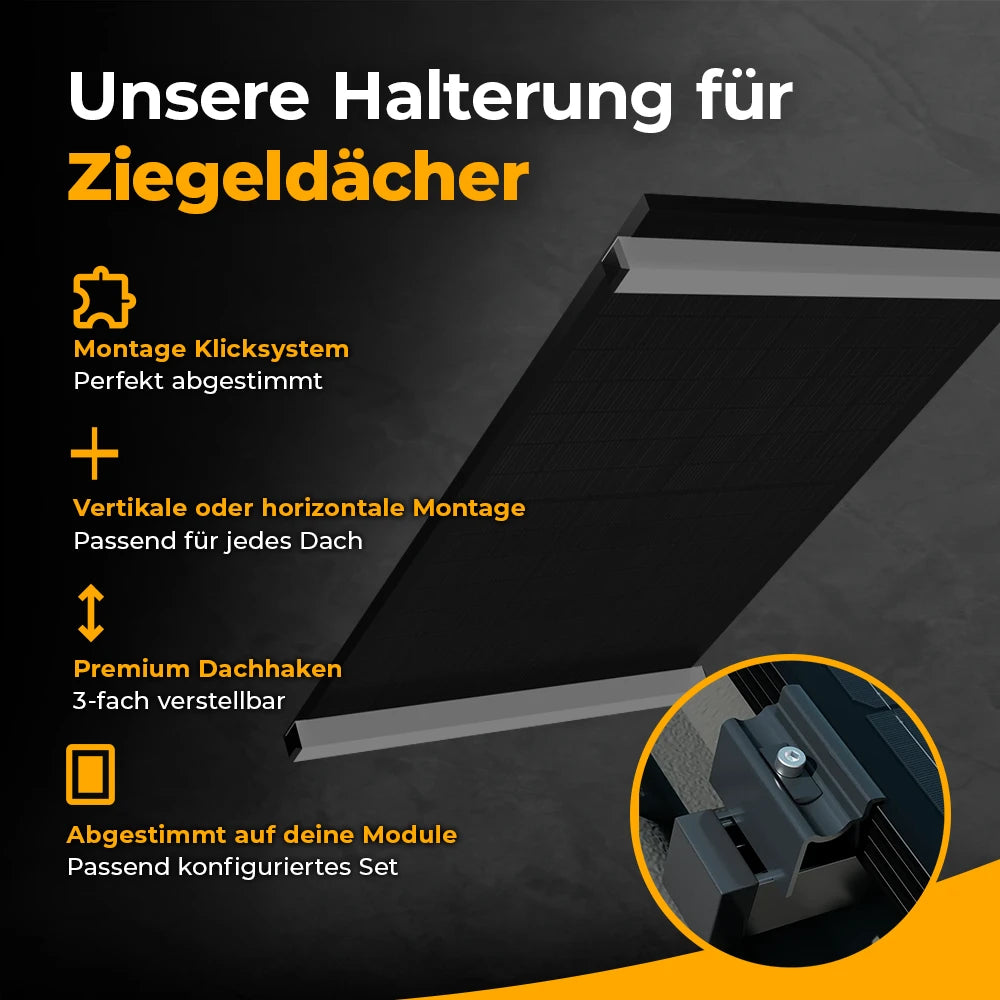 Solago Halterung für Balkonkraftwerk auf Ziegeldach – Klicksystem, Premium-Dachhaken 3-fach verstellbar, vertikal und horizontal montierbar
