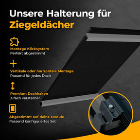 Solago Halterung für Balkonkraftwerk auf Ziegeldach – Klicksystem, Premium-Dachhaken 3-fach verstellbar, vertikal und horizontal montierbar