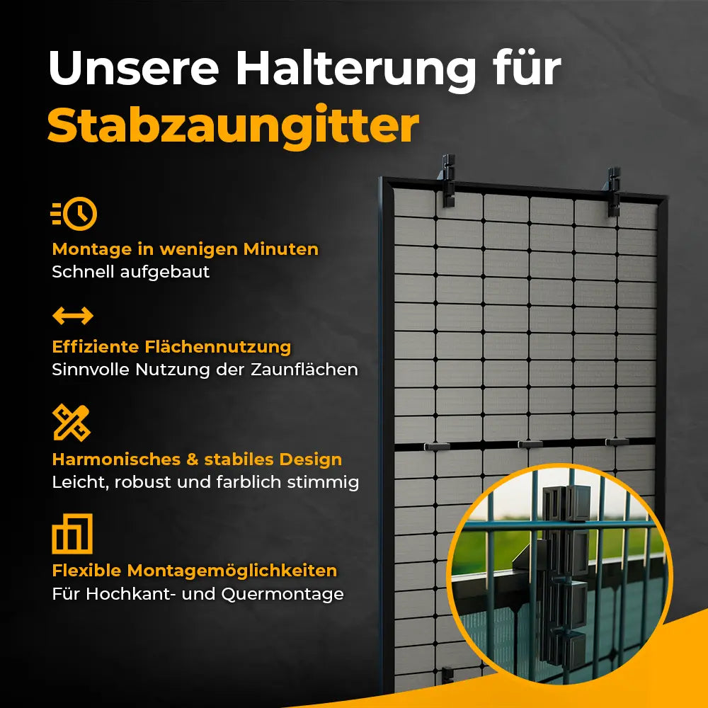 Solago Halterung für Balkonkraftwerk am Stabzaungitter – schnelle Montage, Hoch- und Quermontage, effiziente Flächennutzung