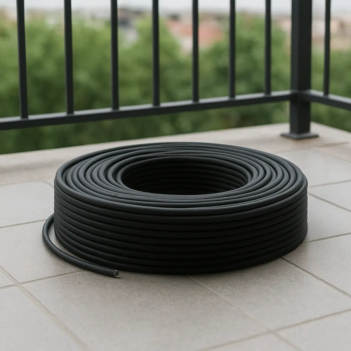 Solarkabel für Balkonkraftwerk aufgerollt auf Balkon – schwarzes PV-Anschlusskabel