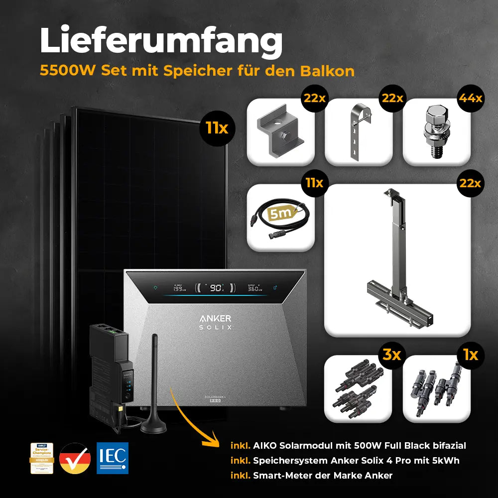 Solarkraftwerk 5500W mit Speicher Anker SOLIX 4 Pro - Komplettset Gitterbalkon