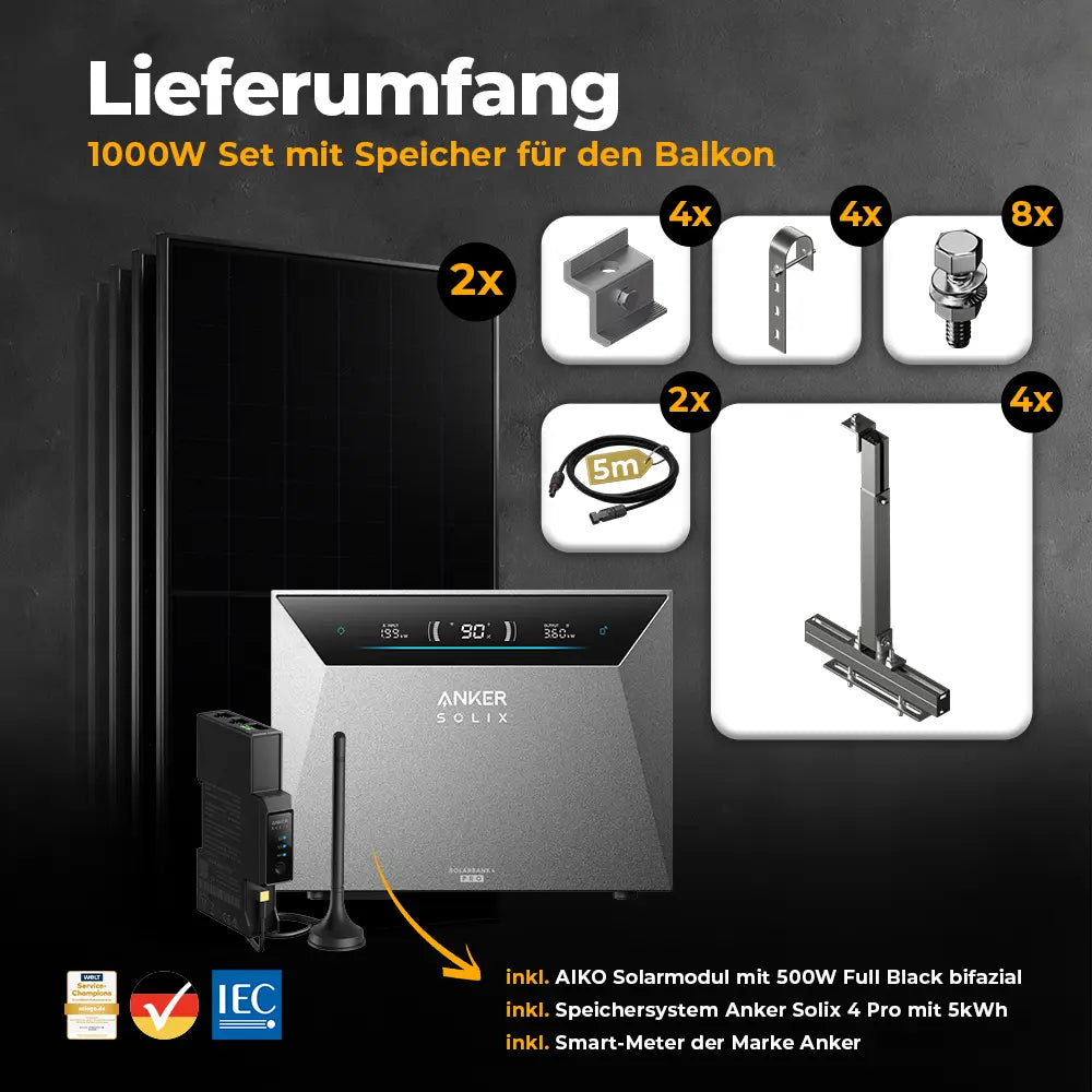 Balkonkraftwerk 1000W/800W mit Speicher Anker SOLIX 4 Pro - Komplettset Gitterbalkon