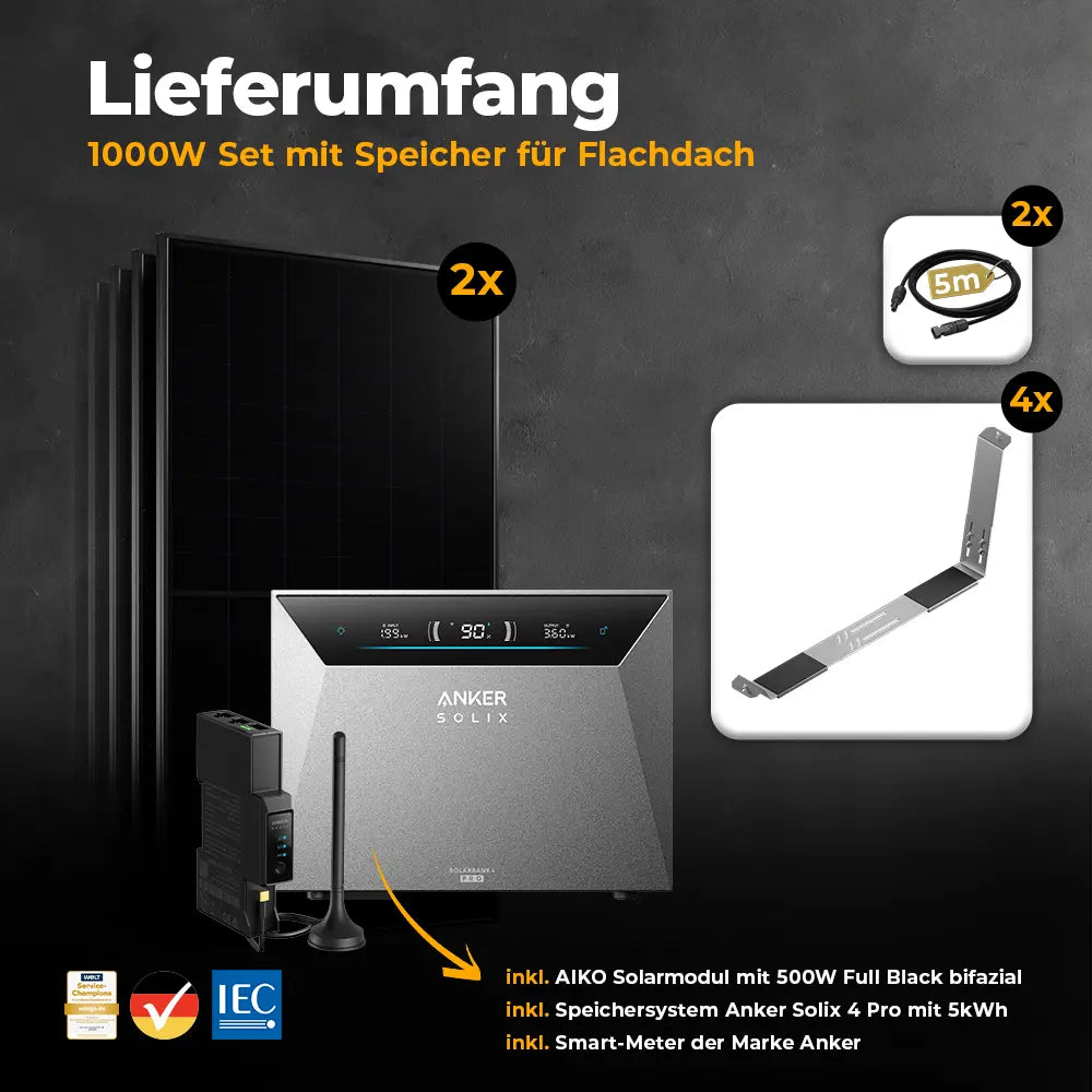 Balkonkraftwerk 1000W/800W mit Speicher Anker SOLIX 4 Pro - Komplettset Flachdach/Boden