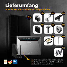 Solarkraftwerk 4000W mit Speicher Anker SOLIX 4 Pro - Komplettset Schrägdach