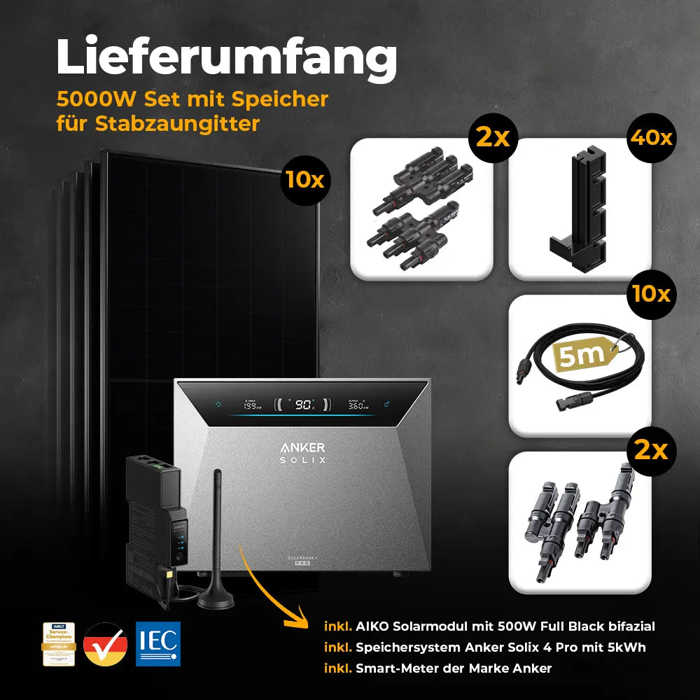 Solarkraftwerk 5000W mit Speicher Anker SOLIX 4 Pro - Komplettset Stabgitterzaun