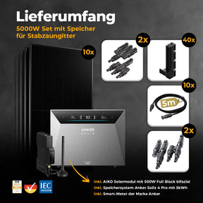 Solarkraftwerk 5000W mit Speicher Anker SOLIX 4 Pro - Komplettset Stabgitterzaun