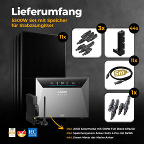 Solarkraftwerk 5500W mit Speicher Anker SOLIX 4 Pro - Komplettset Stabgitterzaun