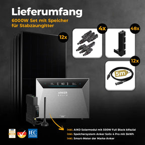 Solarkraftwerk 6000W mit Speicher Anker SOLIX 4 Pro - Komplettset Stabgitterzaun