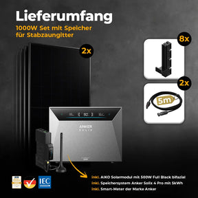Balkonkraftwerk 1000W/800W mit Speicher Anker SOLIX 4 Pro - Komplettset Stabgitterzaun