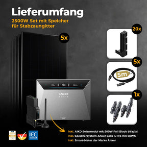 Solarkraftwerk 2500W mit Speicher Anker SOLIX 4 Pro - Komplettset Stabgitterzaun