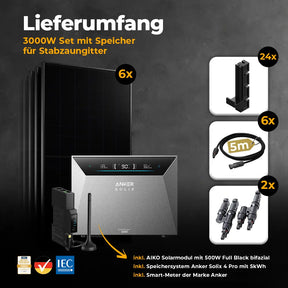 Solarkraftwerk 3000W mit Speicher Anker SOLIX 4 Pro - Komplettset Stabgitterzaun