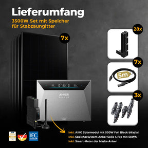 Solarkraftwerk 3500W mit Speicher Anker SOLIX 4 Pro - Komplettset Stabgitterzaun