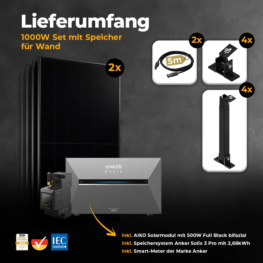 Balkonkraftwerk 1000W/800W mit Speicher Anker SOLIX 3 Pro - Komplettset Wandmontage