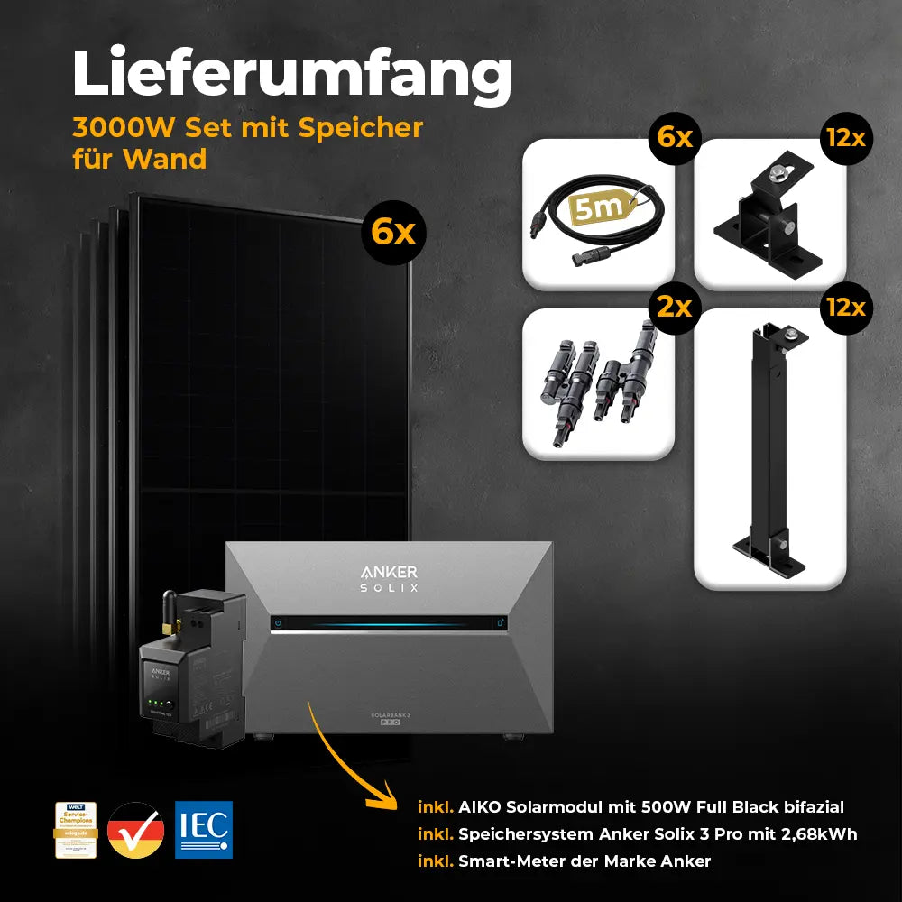 Solarkraftwerk 3000W mit Speicher Anker SOLIX 3 Pro - Komplettset Wandmontage