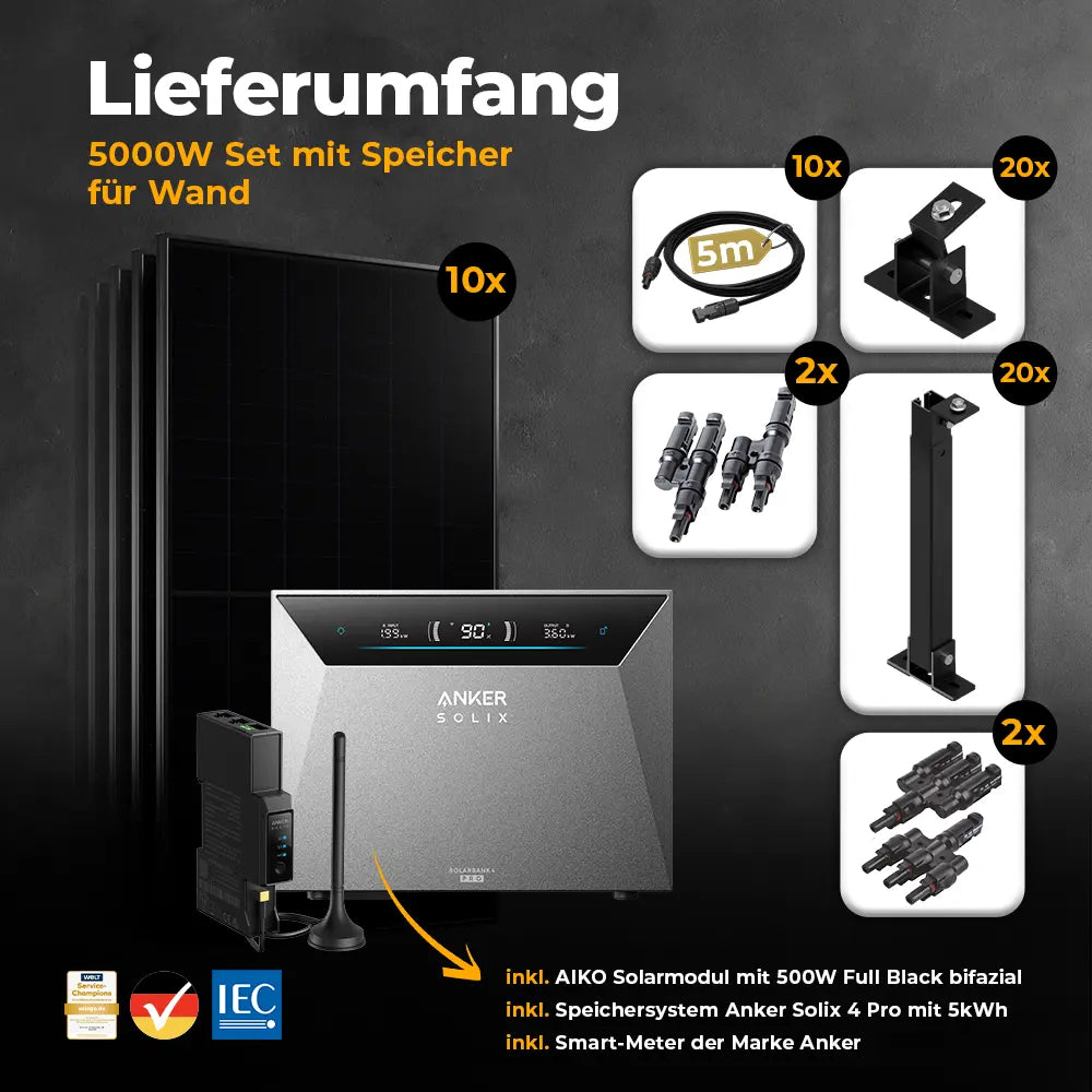 Solarkraftwerk 5000W mit Speicher Anker SOLIX 4 Pro - Komplettset Wandmontage