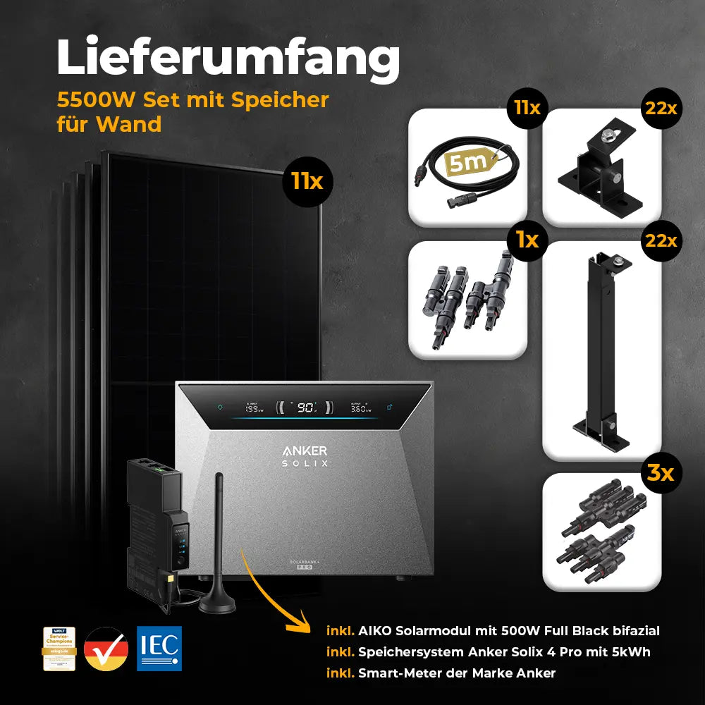 Solarkraftwerk 5500W mit Speicher Anker SOLIX 4 Pro - Komplettset Wandmontage