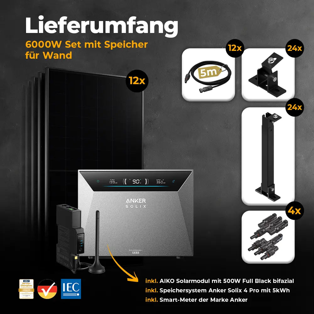 Solarkraftwerk 6000W mit Speicher Anker SOLIX 4 Pro - Komplettset Wandmontage