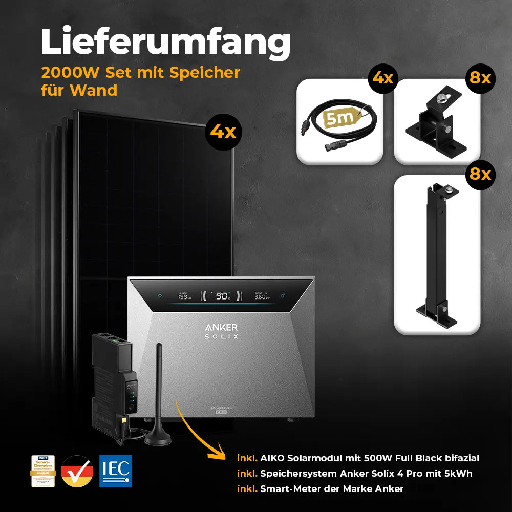Balkonkraftwerk mit Anker SOLIX Solarbank 4 Pro 2000W Glas-Glas bifazial - Komplettset Wandmontage