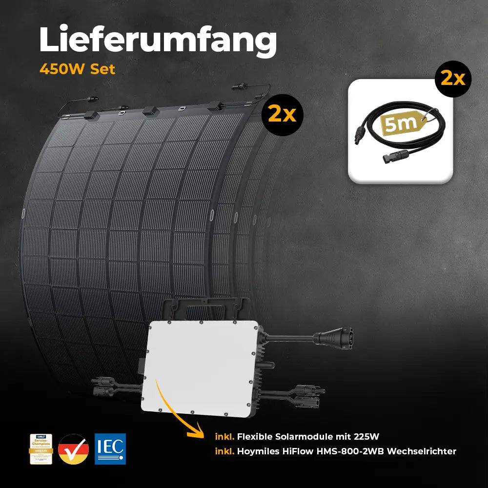 Balkonkraftwerk 450W Set ohne Speicher – 2x flexible Solarmodule 225W und Hoymiles HiFlow HMS-800-2WB Wechselrichter