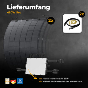 Balkonkraftwerk 450W Set ohne Speicher – 2x flexible Solarmodule 225W und Hoymiles HiFlow HMS-800-2WB Wechselrichter