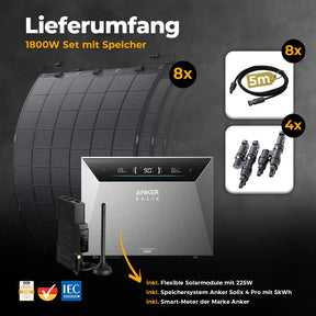 Lieferumfang - Balkonkraftwerk 1800W mit flexiblen Solarmodulen mit Speicher Anker SOLIX 4 Pro - Set