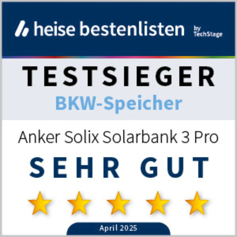 heise bestenlisten Siegel „Testsieger Balkonkraftwerk-Speicher“ für die Anker SOLIX Solarbank 3 Pro, Bewertung „sehr gut“ mit fünf Sternen, April 2025