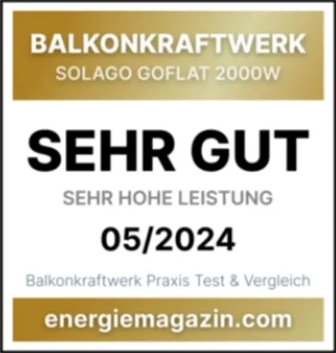 Testsiegel Sehr Gut für Solago GoFlat 2000W Balkonkraftwerk – energiemagazin.com Praxis Test 05/2024