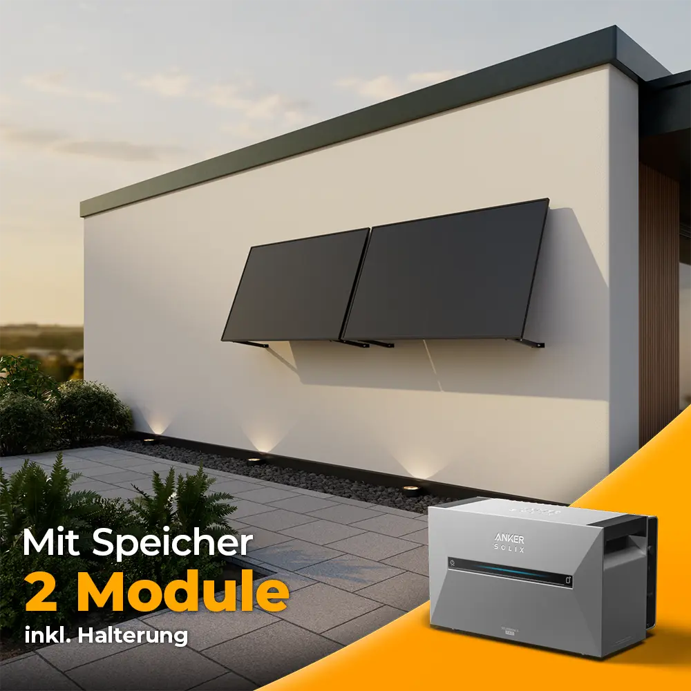 Solago Solarkraftwerk Wand-Komplettset mit 2 Solarmodulen und Anker Solix Speicher. Kompakte Photovoltaikanlage für Wandmontage mit integriertem Stromspeicher – jetzt bei solago kaufen.